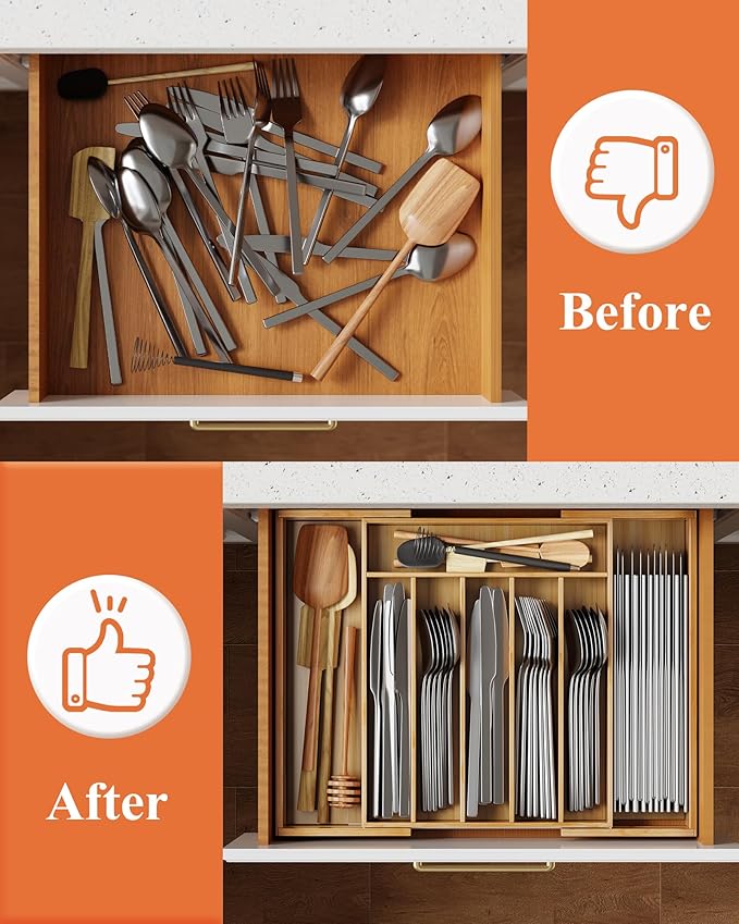 Kitsure Extra Large Bamboo Silverware Organizer - Expandable Drawer Organizer for Utensil, Cutlery and Flatware, Kitchen Storage Solution with 6 to 8 Slots, Natural, 19.7" × 15.4" × 2.0"