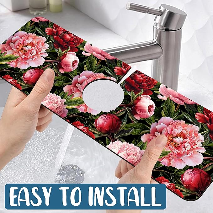 Blooming Peony Kitchen Sink Splash Guard Faucet Mat Pink Peony Flowers Super Absorbent Fast Drying Mat Sink Splash Guard Behind Faucet for Kitchen Bathroom, 15.5"x5.5"