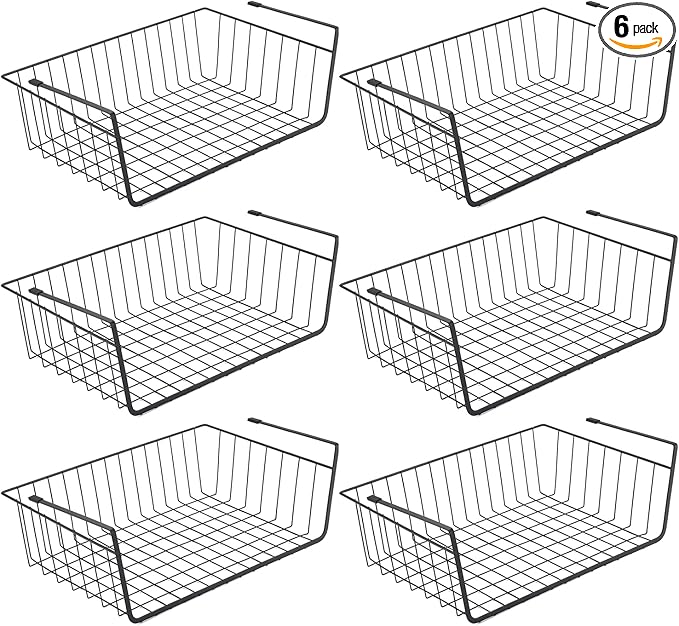 Under Shelf Basket, 6PCS Hanging Storage Basket for Pantry Cupboard Laundry Room Slide-in Baskets Organizer for Kitchen Counter Desk Bookshelf, Space Saving, Easy to Install, Black