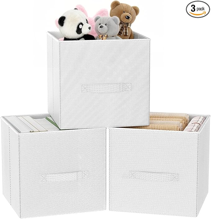 Fabric Storage Bins, Foldable Storage Cubes Baskets with Handle for Organizing, Collapsible Bins Cube Organizer Baskets for Closet, Shelves, Clothes, Towel (White, 3 Pack)