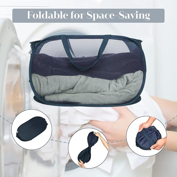 Durable Collapsible Laundry Baskets, Mesh Pop Up Laundry Hamper with Side Pocket, Foldable Clothes Storage Hamper with Reinforced Carry Handles for Laundry, Bathroom, Kids Room, Dorm or Travel Navy