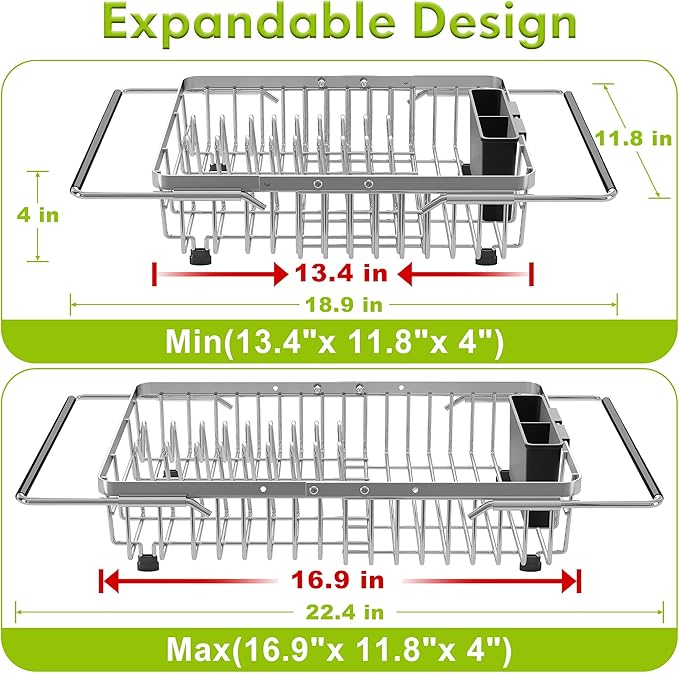 JASIWAY Dish Drying Rack in Sink, Expandable Stainless Steel Dish Drainer for Kitchen Sink, Dish Strainer Rack, Retractable Over Sink Dish Rack with Utensil Holder, 13.4''~16.9''D x 11.8''W, Silver