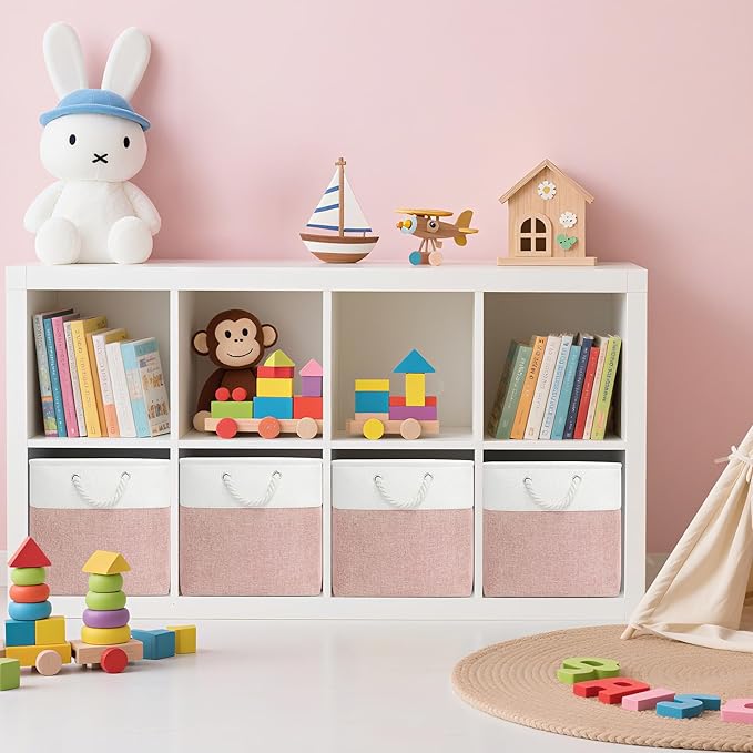 13x13 Inch Cube Storage Bins with Reinforced Bottom Cardboard, 6 Pack Large Foldable Fabric Storage Cubes with Handles for Shelf, Closet, Laundry Organization (White&Pink)