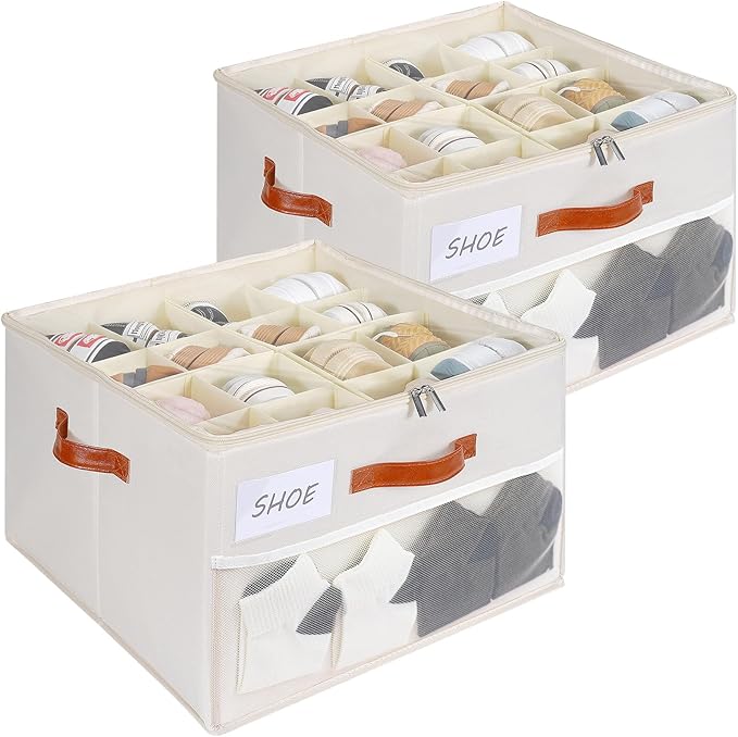 HOMICKER Shoe Organizer for Closet, Shoe Storage Box, Foldable Shoe Box with Adjustable Dividers and Clear Cover, Closet Shoe Organizer Fits up to 16-32 Pairs, Extra Storage Pocket for Socks (2 Pack)