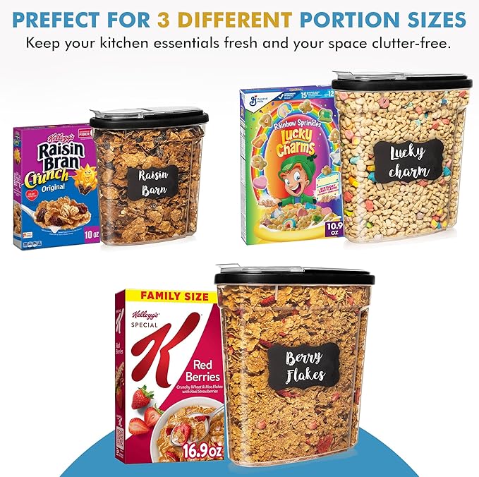 Shazo 3 PC Cereal Container Storage Set (5.2L, 2.8L, 1.2L) - Large Airtight Food Storage Containers with Flip-Top Lids, BPA-Free Plastic Cereal Dispenser for Pantry, Rice, Flour, Sugar & Pasta