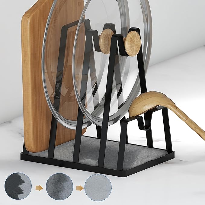 YIGII Pot Lid Holder with Fast Drying Stone - Multifunctional Cutting Board & Pan Lid Organizer, Spoon Rest, Utensil Holder for Kitchen Countertop, Black Storage Rack for Stove Top