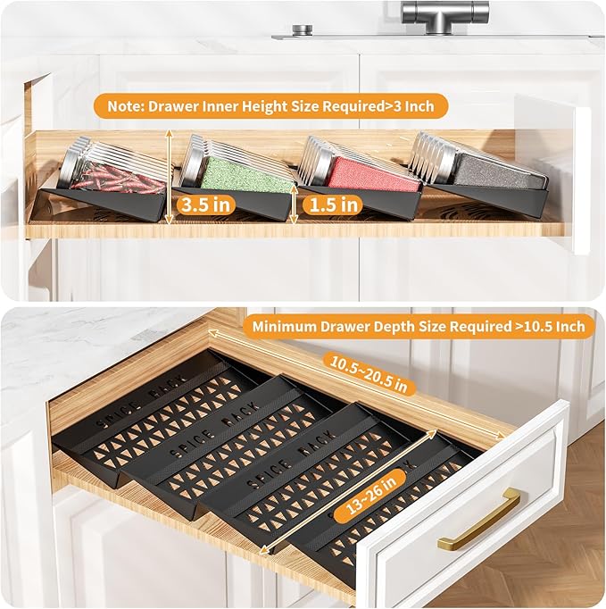 RCHYFEED 4 Tier Spice Drawer Organizer, (Need 3.5" Deep Drawer) 4 Pack Metal Non-Slip Spice Rack for Drawer Free Combination, Adjustable Spice Rack Drawer Insert, Spice Organization for Drawer