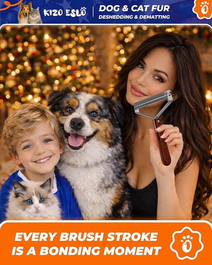 Extra Large 2-Sided Undercoat Rake for Dogs & Cats, Dog Brush for Shedding Remove Mats, Dematting Comb, Safe & Gentle Grooming Brush for German Shepherds Medium to Long-Haired Pets (Walnut Handle)