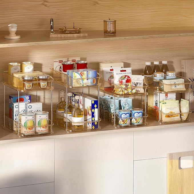 Delamu 2-Tier Under Sink Organizers and Storage, Multi-Purpose Stackable Bathroom Cabinet Organizers, Pull Out Kitchen Pantry Organization and Storage with Dividers Amber, 4 Pack