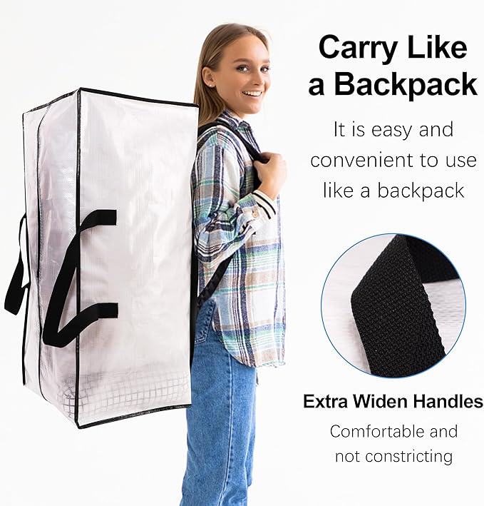6 Pack Heavy Duty Extra Large Moving Bags W/Backpack Straps - Strong Handles & Zippers, Storage Totes For Space Saving, Fold Flat, Alternative to Box and Bin (40 gal, Semi-Transparent)