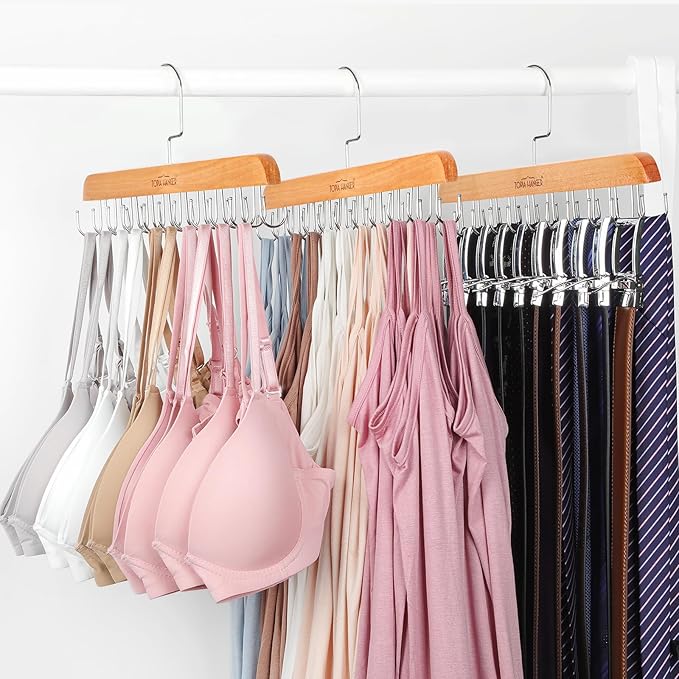 TOPIA HANGER Bra Hanger for Closet, 2 Pack Tank Top Hangers 40 Hooks Capacity Foldable Wood Space Saving Hangers Closet Organizer for Tank Top, Bra, Scarf, Belt, Tie, Hoodie etc - CT66N