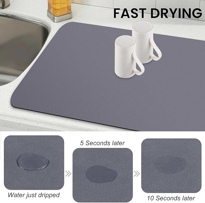 WISELIFE Dish Drying Mat Super Absorbent Drying Mat Large Dish Drying Mats for Kitchen Counter Easy Clean Dish Mat Kitchen Drying Mat18"x 28" Classic Grey