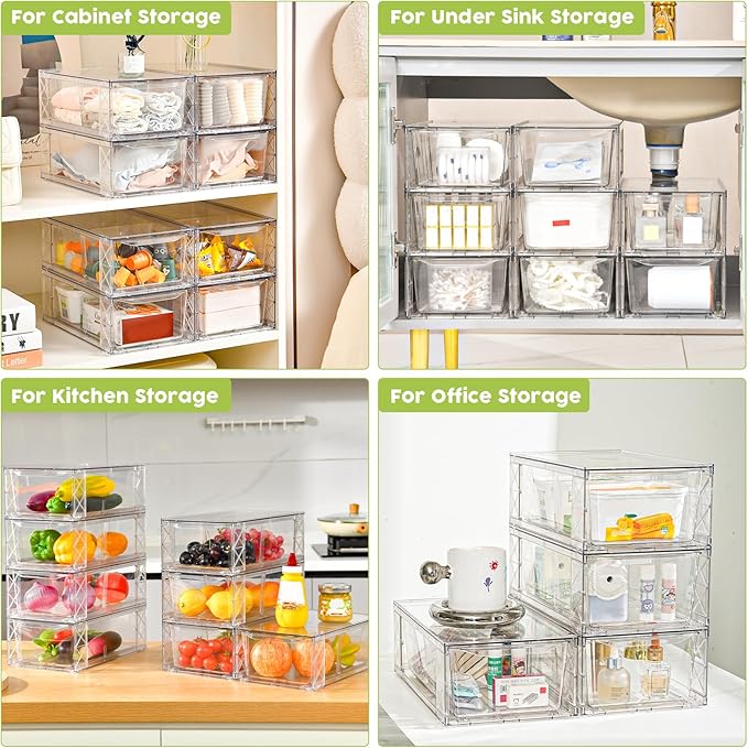 8 Pack Acrylic Storage Drawers, Clear Stackable Storage Drawers, Acrylic Organizers Drawers for Under Sink, Pantry, Bathroom, AcrylicStorage Containers for Makeup Organizers Cosmetic Display, Medium