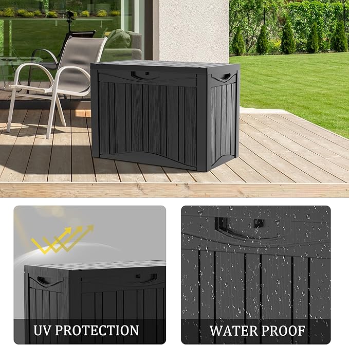 Outdoor Storage Box Waterproof, 50 Gallon Lockable Resin Deck Box Small, Patio Storage Bin for Pool Accessories Cushion Furniture, Garden Tools, UV-Resistant Outside Delivery Black