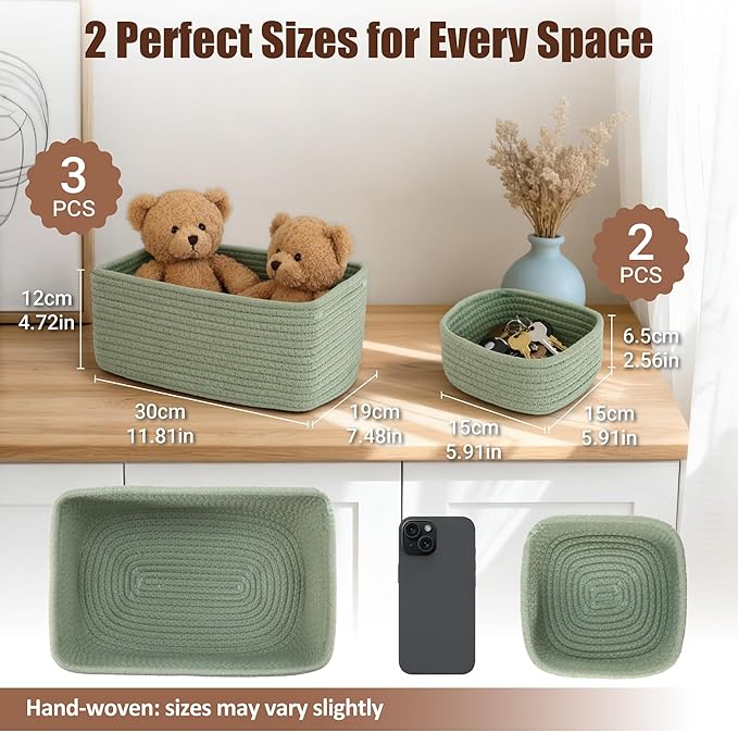 5-Pack Small Woven Rope Storage Baskets – 2 Sizes Organizer Bins for Closet, Shelf, Bookshelf, Nursery, Changing Table, Fabric Cube Boxes, Rectangular Shallow Bins for Bathroom, Toy & Home