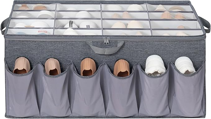 Extra Large Fabric Shoe Organizer for Closet, Fits up to 28 Pairs, Foldable Shoe Storage Bin Containers with Adjustable Dividers and Clear Cover, Grey, 1 Pack