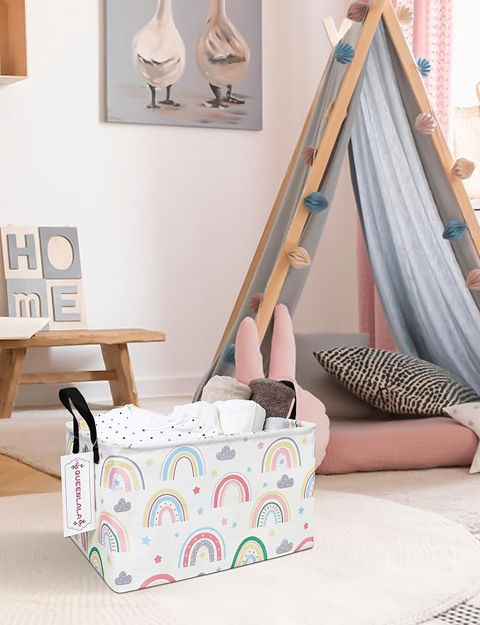 QUEENLALA Rectangular Laundry Hamper/Foldable Nursery Laundry Basket for Organizing/Storage Bin Baskets/Children Toy Office Bedroom/Toy Bin Closet Shelf Baskets（Rec-Rainbow）