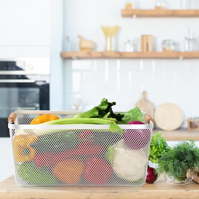 4 Pcs Metal Wire Basket with Wooden Handles Mesh Steel Storage Organizer Bin Containers for Home Cabinet Pantry Closet Kitchen Fridge Fruit Makeup Snacks Gifts(Extra Large,Cream White)