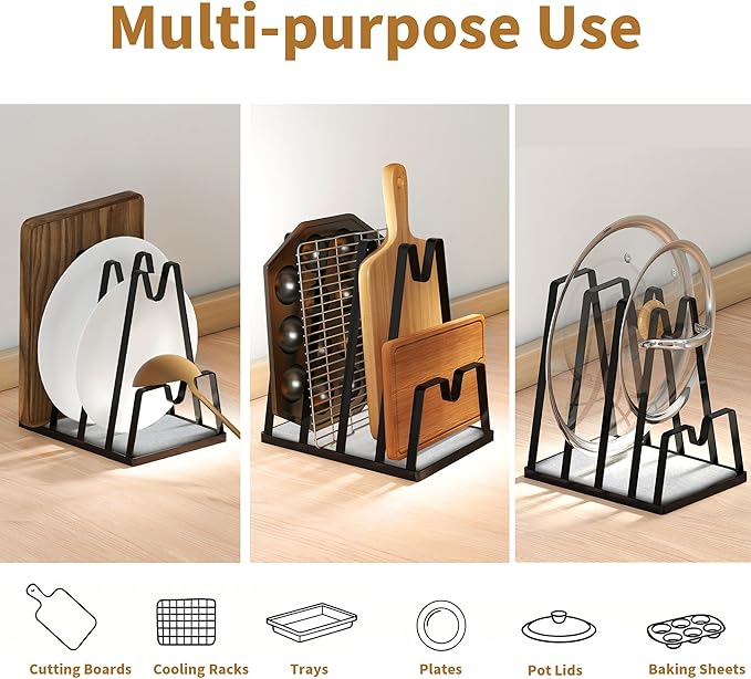 YIGII Pot Lid Holder with Fast Drying Stone - Multifunctional Cutting Board & Pan Lid Organizer, Spoon Rest, Utensil Holder for Kitchen Countertop, Black Storage Rack for Stove Top