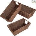 Paper Rope Storage Baskets for Shelves Organizing, Small Hand Woven Wicker Organizer Basket with Handle for Bathroom Toilet Paper Storage, Brown, 3-Pack