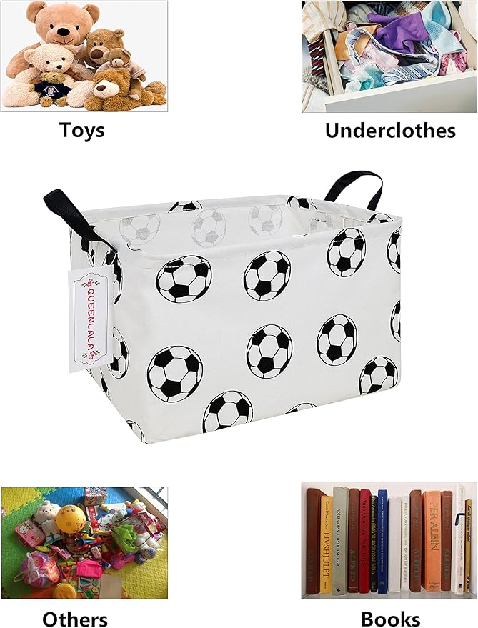 QUEENLALA Rectangular Laundry Hamper/Foldable Nursery Laundry Basket for Organizing/Storage Bin Baskets/Children Toy Office Bedroom/Toy Bin Closet Shelf Baskets（Rec-Football）