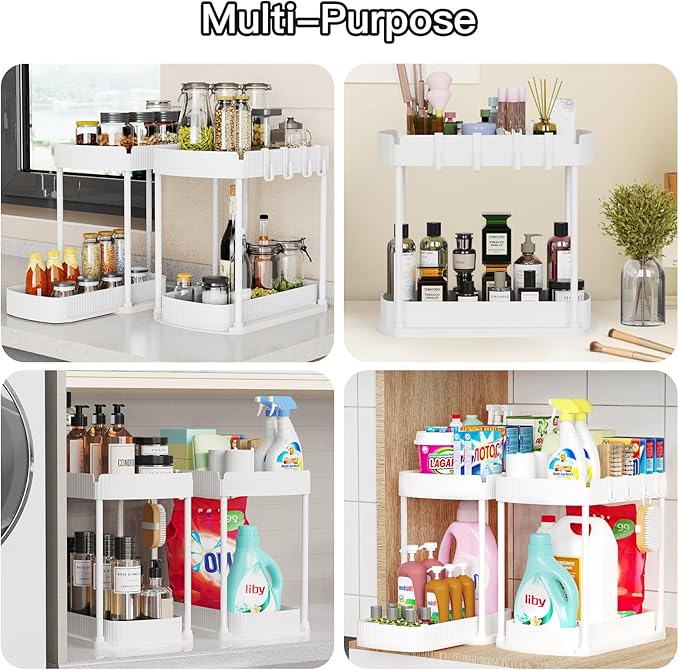 Ukeetap 2 Pack Multi-Purpose Pull-Out Storage Organizers, Under Sink Organizers and Storage for Bathroom & Kitchen, Under Cabinet Organizers and storage, 14.8 Inch, White
