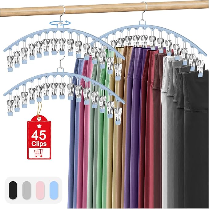 3 Pack Legging Organizer for Closet Hanging, Pants Hangers with Clips Holds 45 Leggings, Shorts, Skirts, Jeans, Hats, Pants Hangers Space Saving Clothes Racks Closet Organizers and Storage, Blue