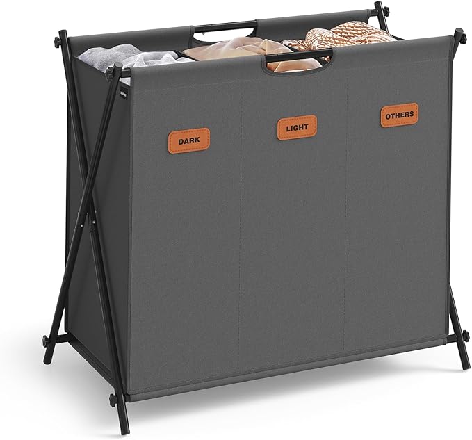 SONGMICS Laundry Hamper, Laundry Basket, 35.7 Gal. Laundry Sorter 3 Sections, Collapsible X-Frame, Clothes Organizer with Customizable Labels, Laundry Room, Bedroom, Bathroom, Slate Gray ULCB130G01