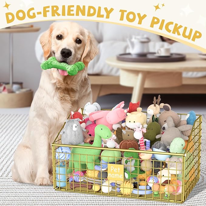 Indestructible Dog Toy basket, Large Toy Bin for Dogs,Pet Toy Bin Dog Metal Basket Organizer Storage for Toys Food Storage (Gold)