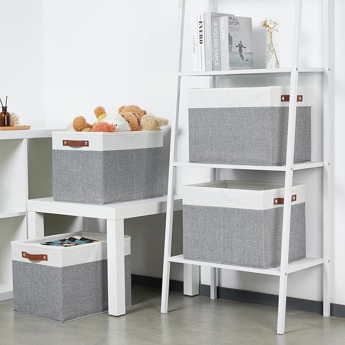 Bidtakay Large Storage Bins 4-Pack Collapsible Fabric Storage Baskets for Organizing 16x12x12 Inches White/Light Grey