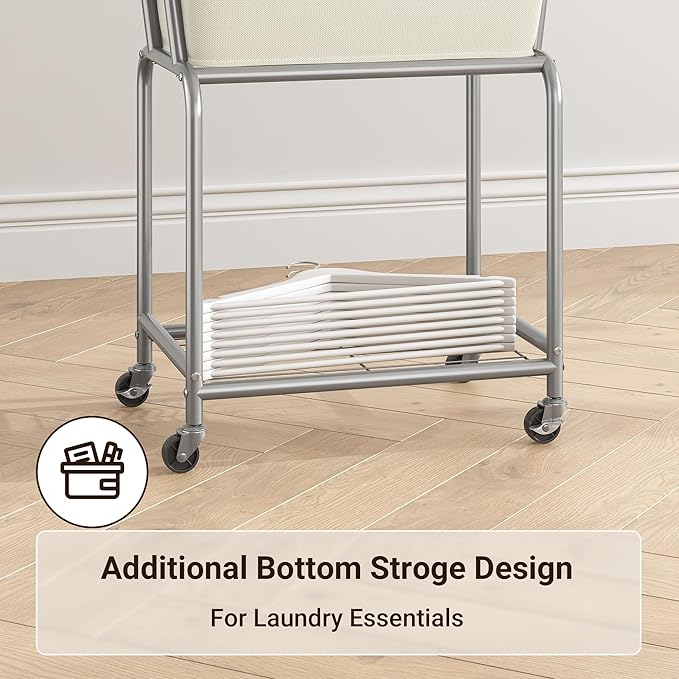 ELYKEN Laundry Cart with Wheels, Rolling Laundry Hamper with Removable Bag and Shelf, Metal Frame Laundry Basket with 4 Casters and 2 Brakes, Ideal for Bedroom, Bathroom, Laundry Room, Cream