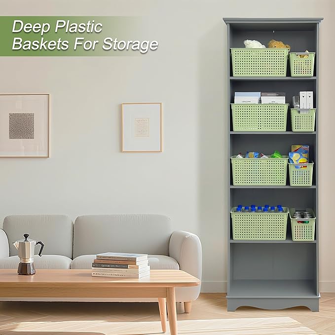 Soddeph Slim Plastic Storage Basket with Handles, Narrow Organizer box for Shelves, Organizer box for Organizing, Kitchen,Home,Office (Green, Medium)