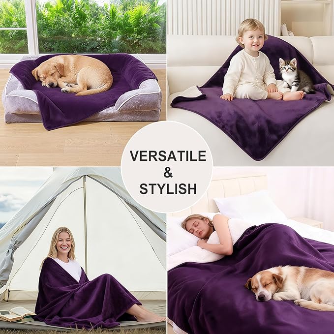 Smiry Waterproof Dog Bed Blanket, Leakproof Pet Throw Blanket for Bed Couch Sofa, Reversible Sherpa Fleece Furniture Protector Cover for Small Medium Large Dogs Cats (Purple, 32x40 inches)