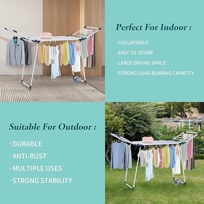 YUBELLES Clothes Drying Rack, Gullwing Laundry Rack, Collapsible, Space-Saving Laundry Rack, with Sock Clips, for Clothes, Towels, Linens, Indoor/Outdoor