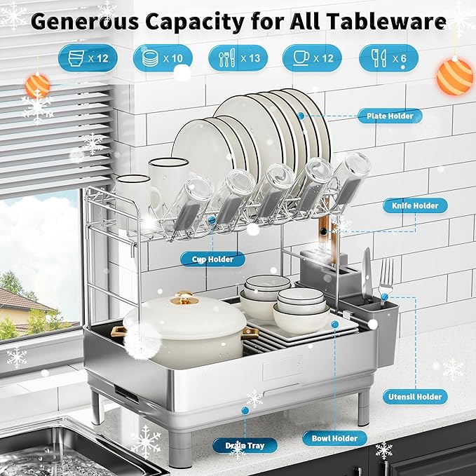 Dish Drying Rack, 2 Tier Large Dish Rack, Stainless Steel Dish Drainer for Kitchen Counter, Dishes Rack with Automatic Drainage, Utensil Holder&Cups Holder,Space Saving Kitchen Organizer,Gray