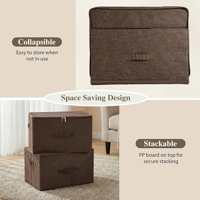 ANMINY 3PCS Storage Bins with Zipper Lids 13 Qt Lidded Fabric Storage Boxes Baskets Cubes with Handles Collapsible Washable Cotton Linen Closet Shelf Clothes Organizer Containers - Coffee, Small
