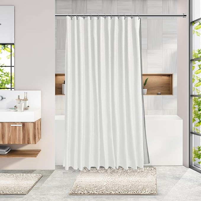 Clara Clark Bathroom Accessories Set - 27PC Bathroom Set with Adhesive Corner Shower Caddy Hanging, Bathroom Sets with Shower Curtain and Rugs, Ombre White Shower Curtain Set with Bathroom Trash Can