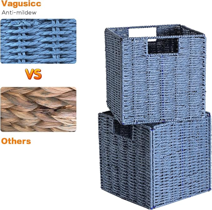 Vagusicc Wicker Basket, Set of 2 Hand-Woven Paper Rope Storage Baskets for Organizing, Foldable Cubby Storage Bins, 9 Inch Small Wicker Storage Basket, Square Baskets Cube Storage Organizer Bins, Blue