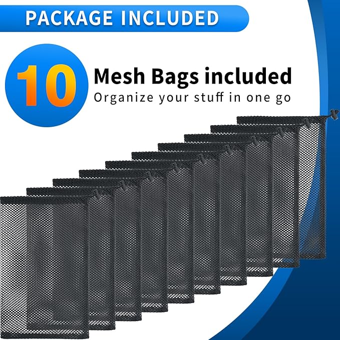 10 Pcs Mesh Drawstring Bag 9" x 12" with Cord Lock Closure, Nylon Durable Heavy Duty Mesh Bag for Laundry Beach Toys Swimming Gym Travel Mushroom Foraging (Black)