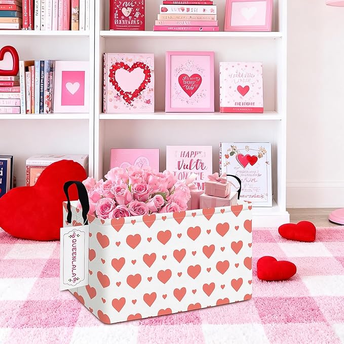 QUEENLALA Rectangular Laundry Hamper/Foldable Nursery Laundry Basket for Organizing/Storage Bin Baskets/Children Toy Office Bedroom/Toy Bin Closet Shelf Baskets（Rec-Pink Heart）
