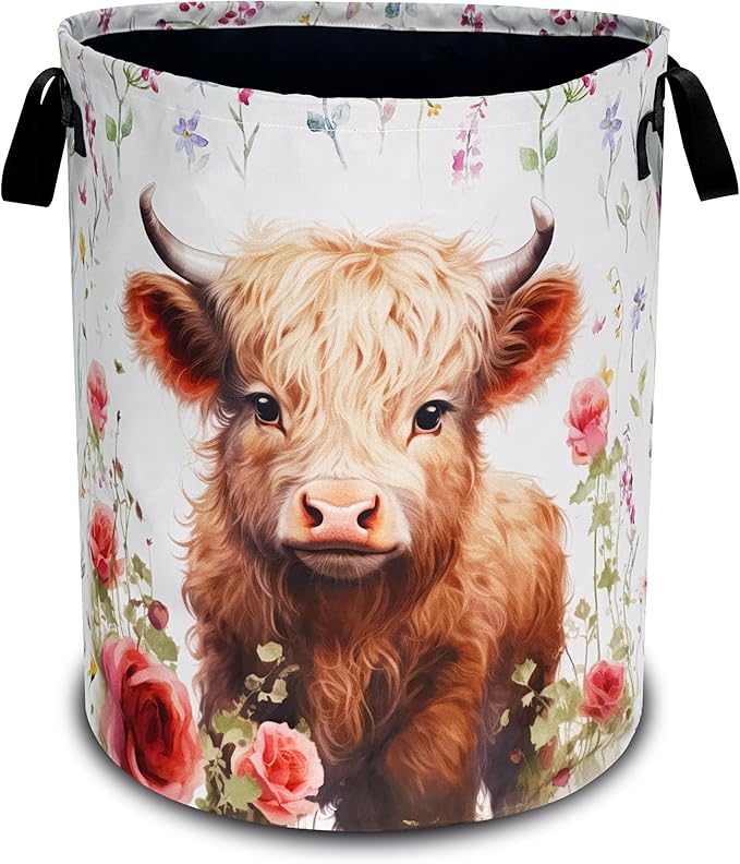 Cute Highland Cow Laundry Basket Oxford Cloth Animal Laundry Hamper With Handle Foldable Portable Clothes Storage Basket 18.9 X 16.5 Inch Storage Bag For Laundry Room/Bathroom/Bedroom/Dormitories