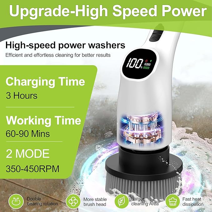 WKY-Electric Spin Scrubber - Upgraded 10-in-1 IPX7 Waterproof Shower Scrubber, Retractable Handle & 2-Speed for Toilet, Bathroom, Bathtub, Tile Floors White