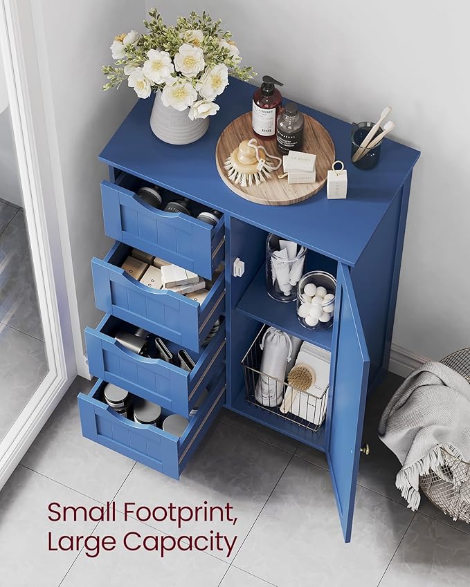 VASAGLE Storage Cabinet with Drawers, Freestanding Floor Cabinet with Door, 11.8 x 21.7 x 32.3 Inches, Adjustable Shelf, for Bathroom, Living Room, Kitchen, Bijou Blue ULHC041QE01S