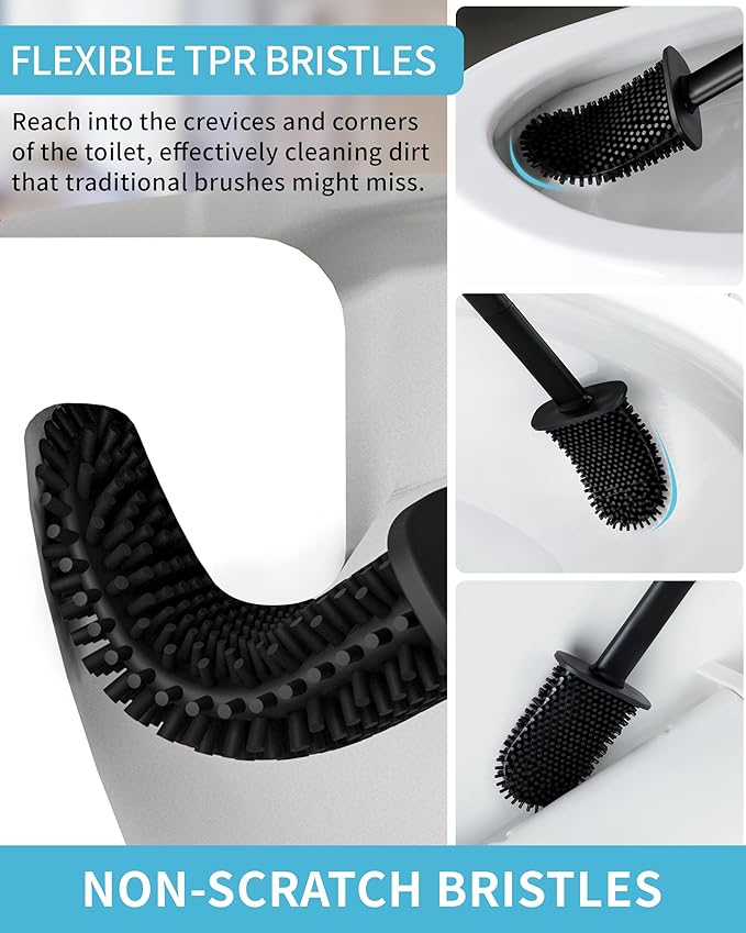 MR.SIGA Toilet Brush and Holder Set, Wall Mounted Toilet Bowl Brush, Compact Toilet Scrub Brush with Holder for Bathroom, Black, 2 Pack