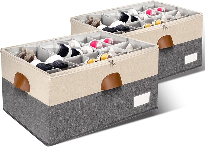 2 Pack Shoe Organizer for Closet, Adjustable Shoe Box Storage Containers, Large Foldable Shoe Bins with Clear Cover, Space Saving Shoes Holder with 4 Handles, Fits 24-48 Pairs, Beige