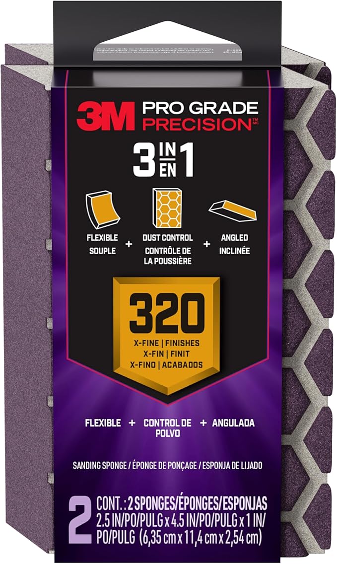 3M Pro Grade Precision 3-in-1 Sanding Sponge, 320 Grit X-Fine, 2 Sponges, Washable & Reusable, for Wood, Metal, Drywall, and Paint Finishing – Flexible Foam, Contoured, Angled, Flat
