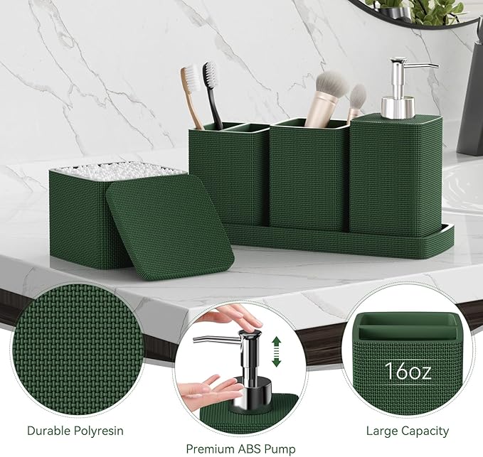 Dark Green Bathroom Accessories Set 5 Pieces, Resin Toothbrush Holders Set Complete with Soap Dispenser, Toothbrush Holder, Vanity Tray, Bathroom Tumbler and Qtip Holder for Small Spaces