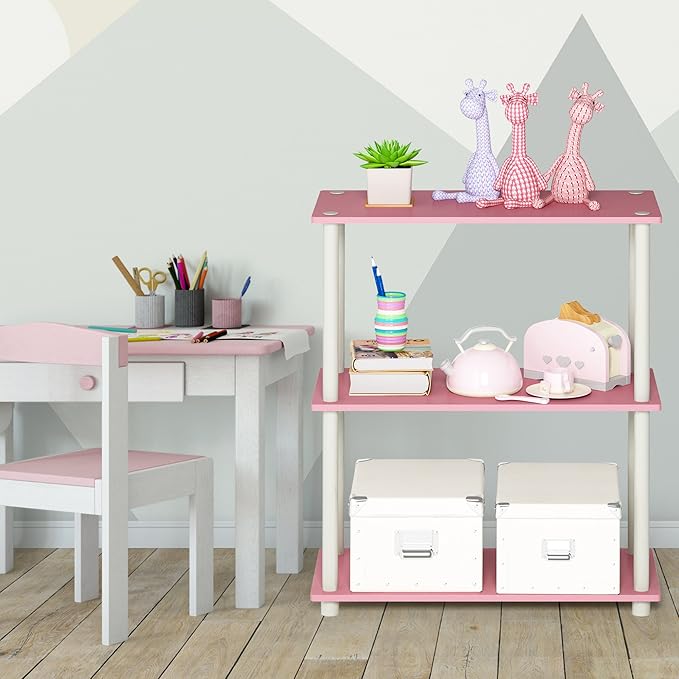 Furinno TURN-N-TUBE Storage Shelves, 3-Tier Book Shelf, Corner Shelf, Toolless Open Shelves, for Organization and Storage, Living Room, Garage, Home Office, Pink