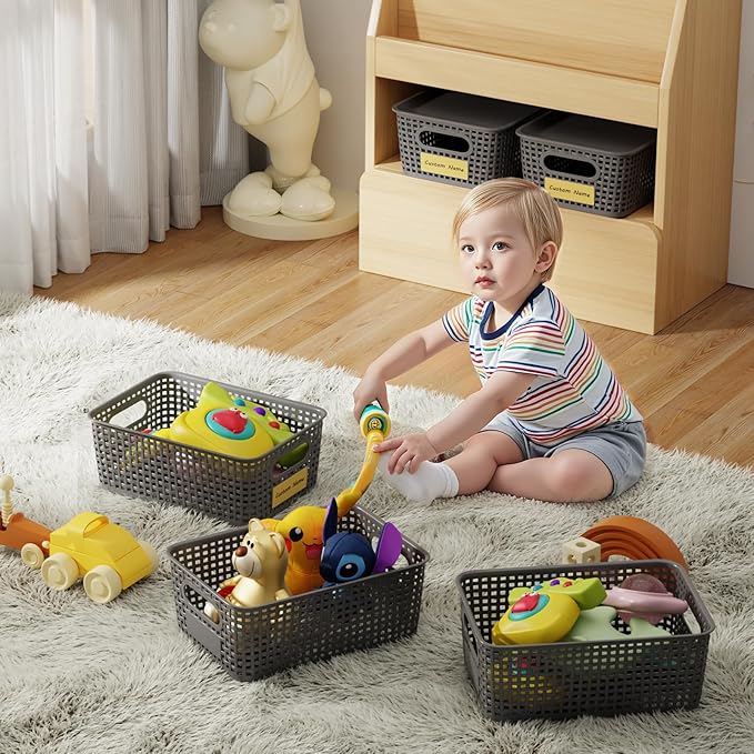 8 PCS Plastic Storage Baskets with Lids, Stackable Storage Bins with Lids & Labels for Organizing, Small Storage Bins for shelves, Office, Drawer, Cabinet & Pantry,Nursery Organization,10.2*7.2*4.1In