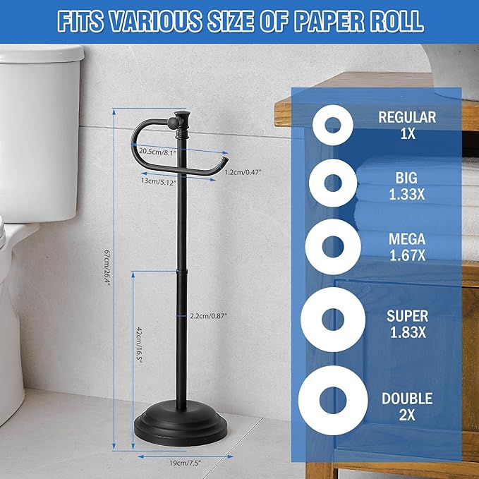 RUMOSE Toilet Paper Holder Stand for Floor,Matte Black Adjustable (12.4" to 22.8") Bathroom Toilet Tissue Holder, Free Standing Toilet Paper Roll Holder with Storage, Stainless Steel